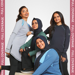 Models posing together wearing modest gym wear t-shirts.